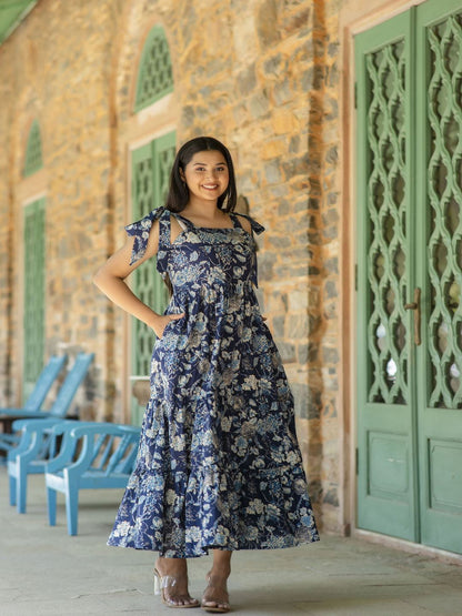 Navy Blue Floral Printed Sleeveless Dress