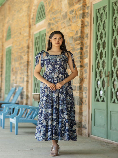 Navy Blue Floral Printed Sleeveless Dress