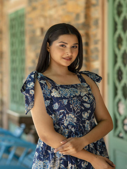 Navy Blue Floral Printed Sleeveless Dress