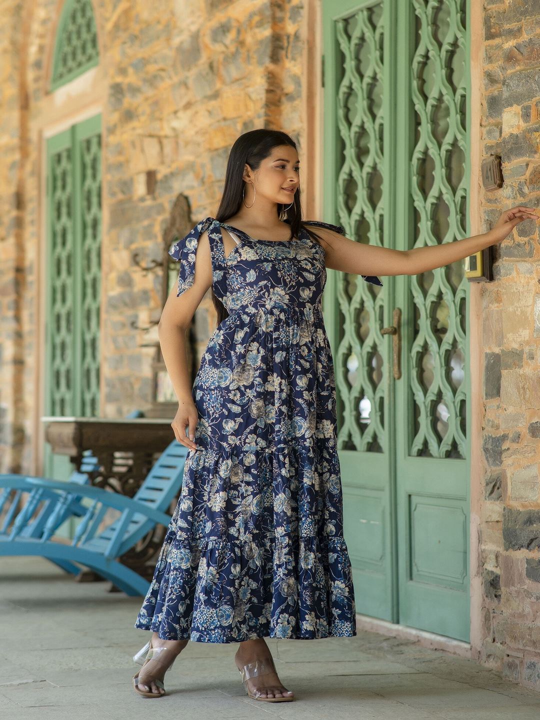 Navy Blue Floral Printed Sleeveless Dress