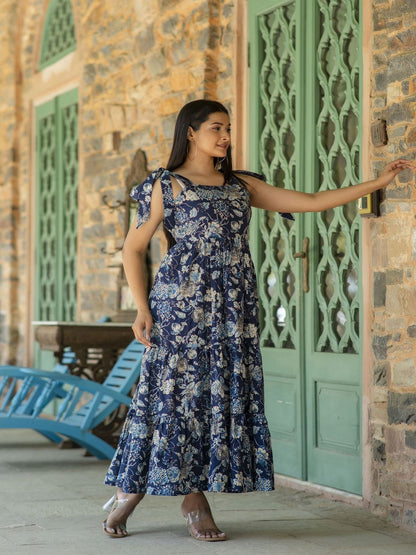 Navy Blue Floral Printed Sleeveless Dress