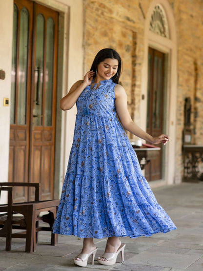 Blue Floral Printed Sleeveless Georgette Dress
