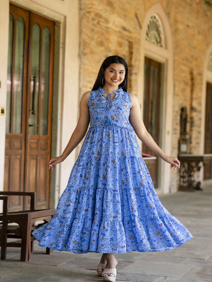 Blue Floral Printed Sleeveless Georgette Dress