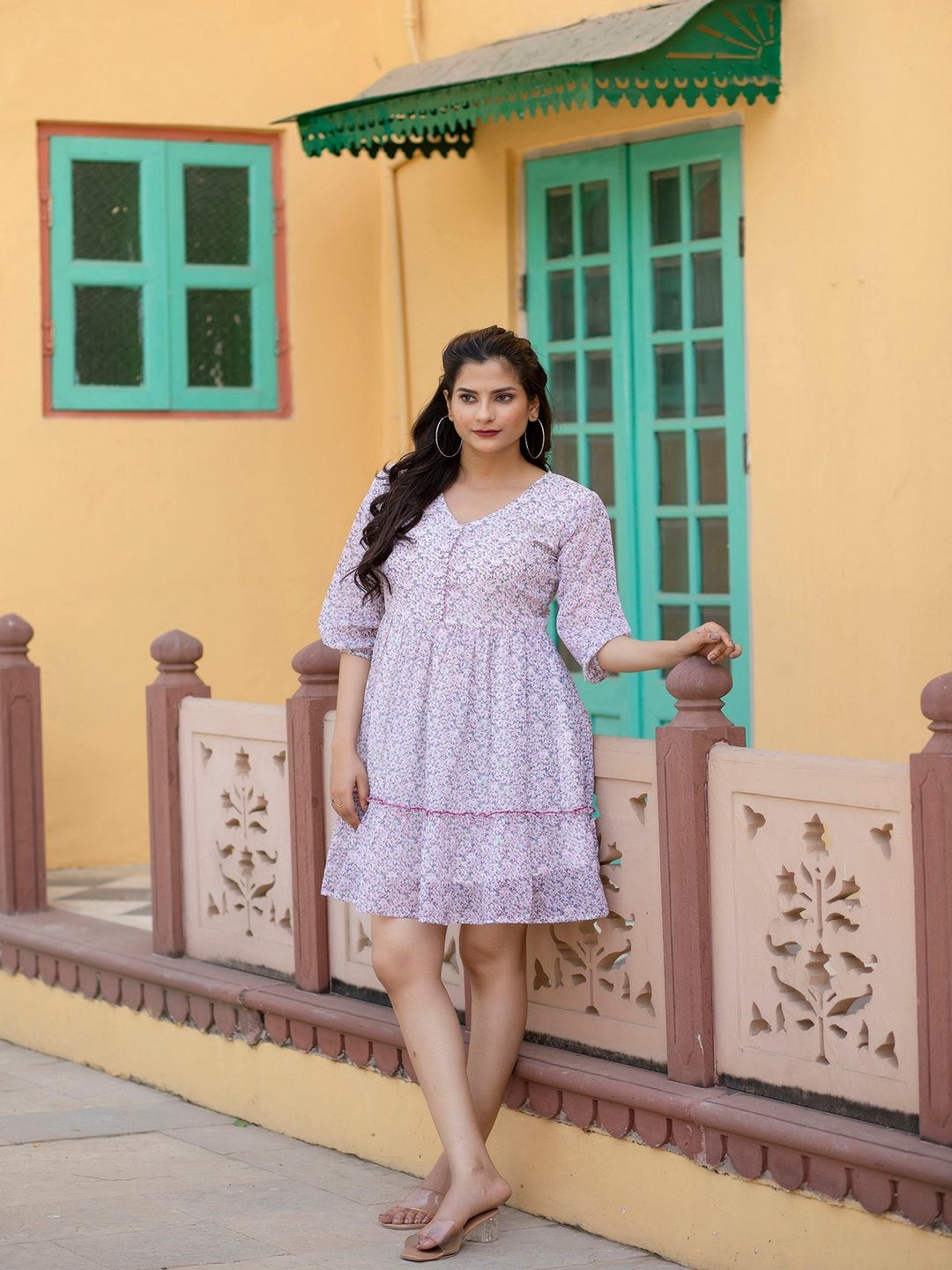 Off-White Printed Mini Georgette Dress