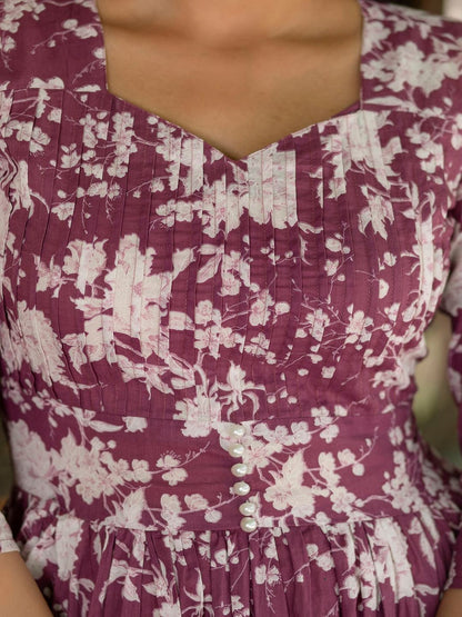 Mauve Ethnic Printed Flared Dress