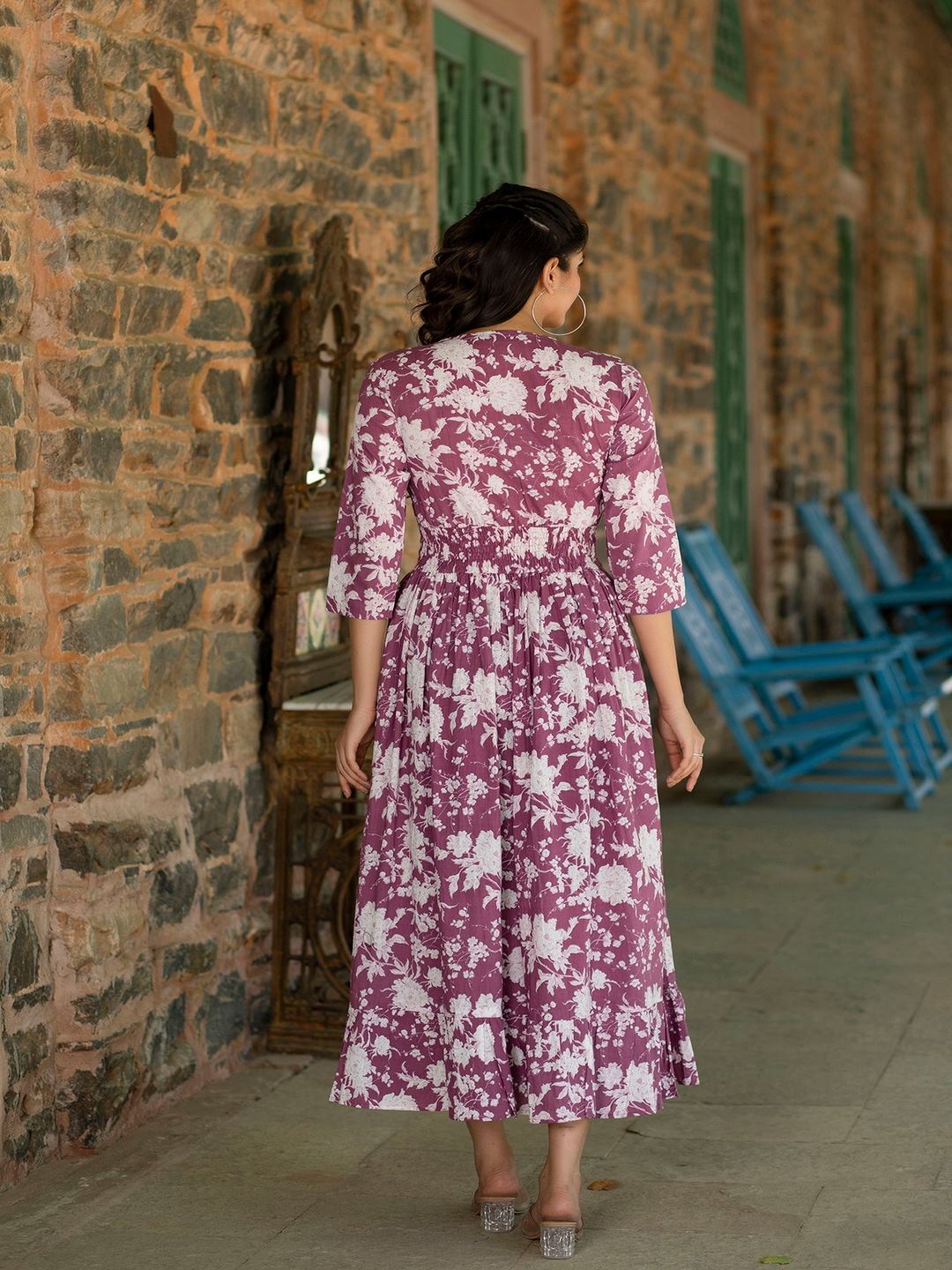 Mauve Ethnic Printed Flared Dress