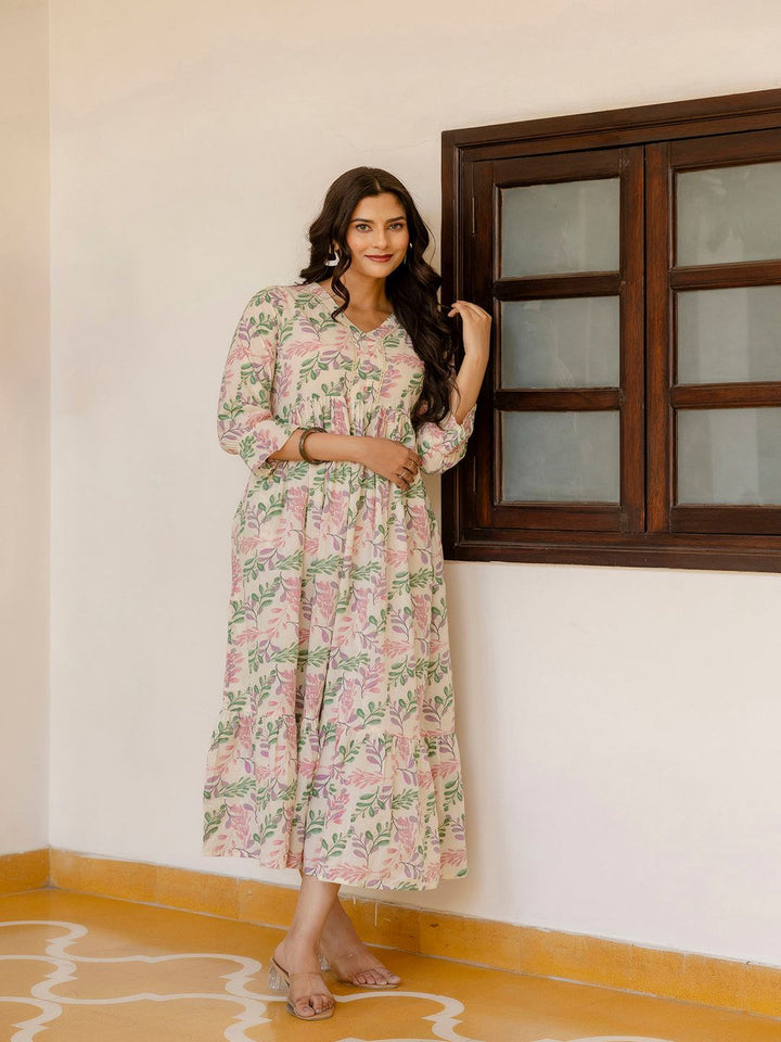Off-White Floral Printed Flared Dress With Three Quarter Sleeves