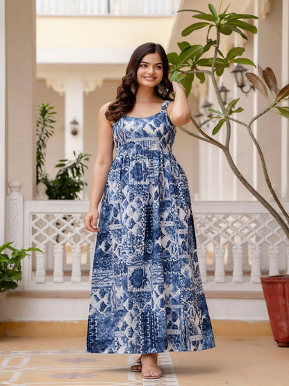 Blue Printed Flared Dress