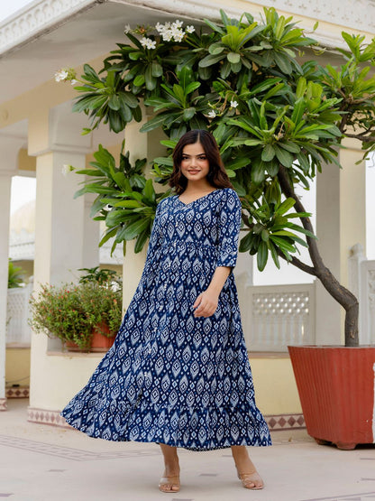 Navy Blue Printed Flared Dress