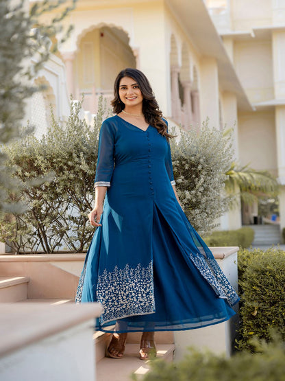 Teal Blue Embroidered Flared Dress With Jacket