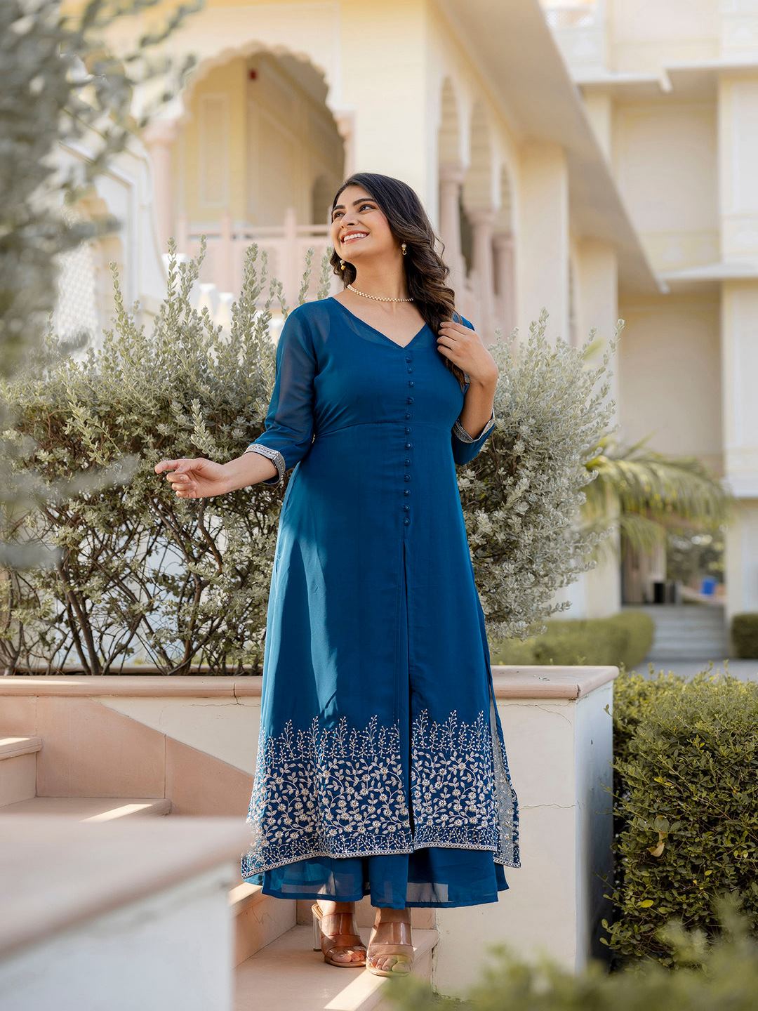 Teal Blue Embroidered Flared Dress With Jacket