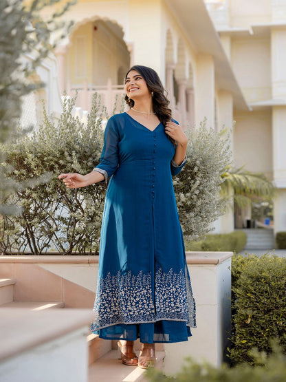 Teal Blue Embroidered Flared Dress With Jacket
