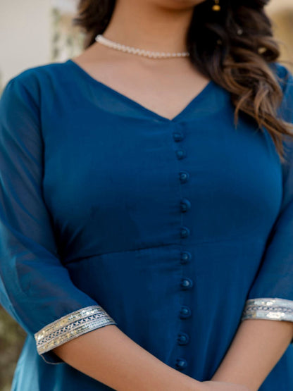 Teal Blue Embroidered Flared Dress With Jacket