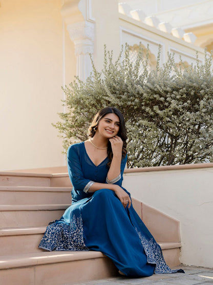 Teal Blue Embroidered Flared Dress With Jacket