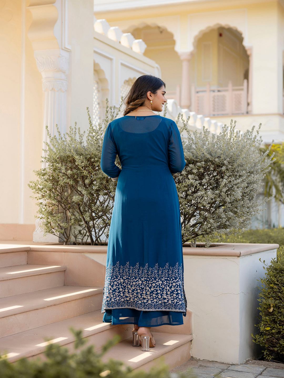 Teal Blue Embroidered Flared Dress With Jacket