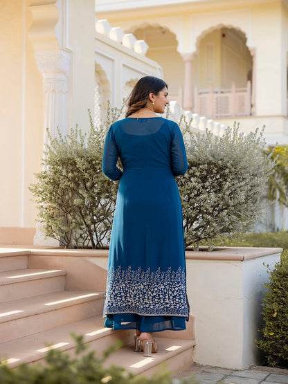 Teal Blue Embroidered Flared Dress With Jacket
