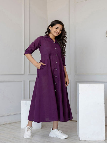 Purple Solid Flared Dress With Three Quarter Sleeves