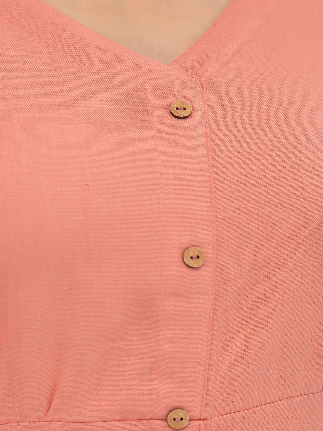 Solid Peach Color V- Neck Flared Dress