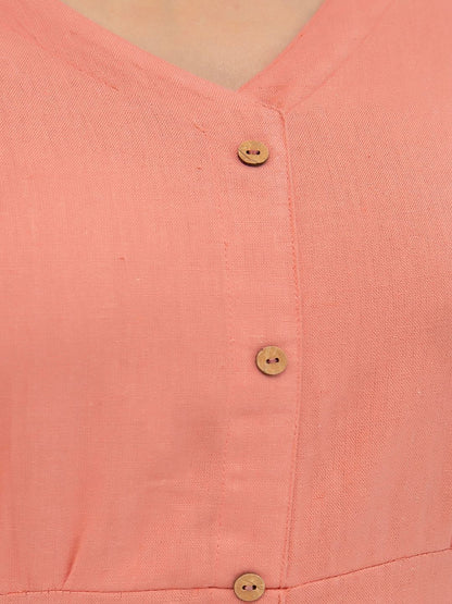 Solid Peach Color V- Neck Flared Dress
