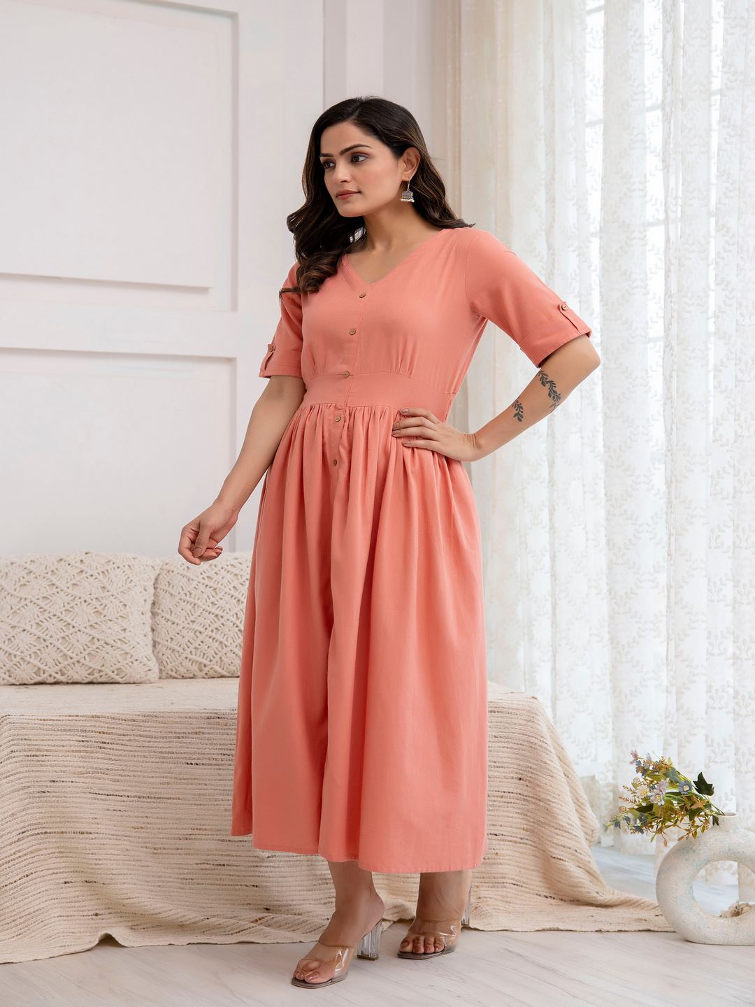 Solid Peach Color V- Neck Flared Dress
