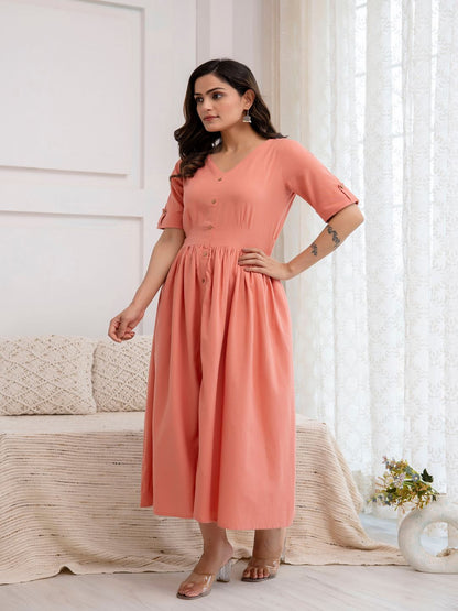 Solid Peach Color V- Neck Flared Dress