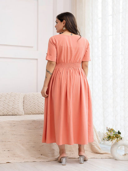 Solid Peach Color V- Neck Flared Dress