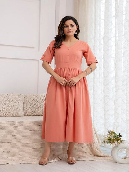 Solid Peach Color V- Neck Flared Dress