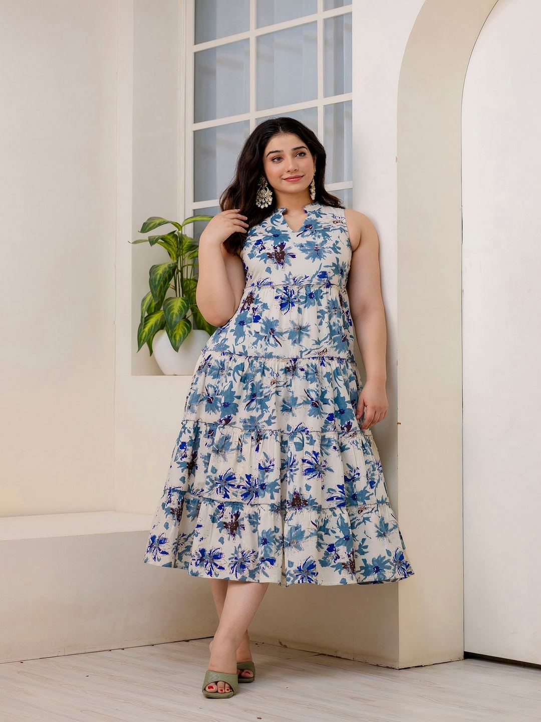 Off White Printed Sleeveless Flared Dress