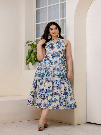 Off White Printed Sleeveless Flared Dress