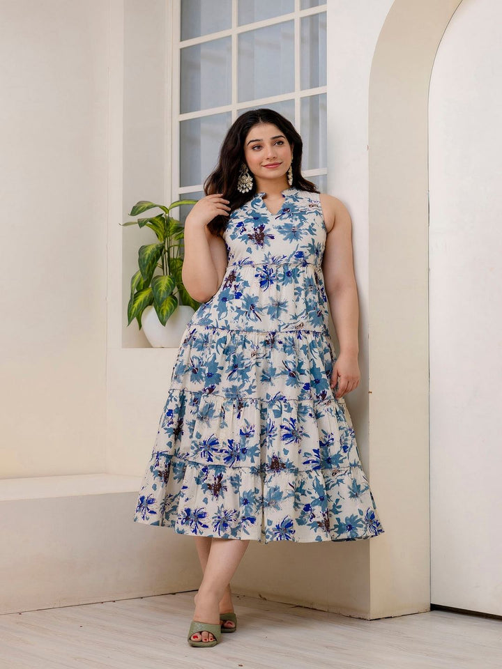 Off White Printed Sleeveless Flared Dress