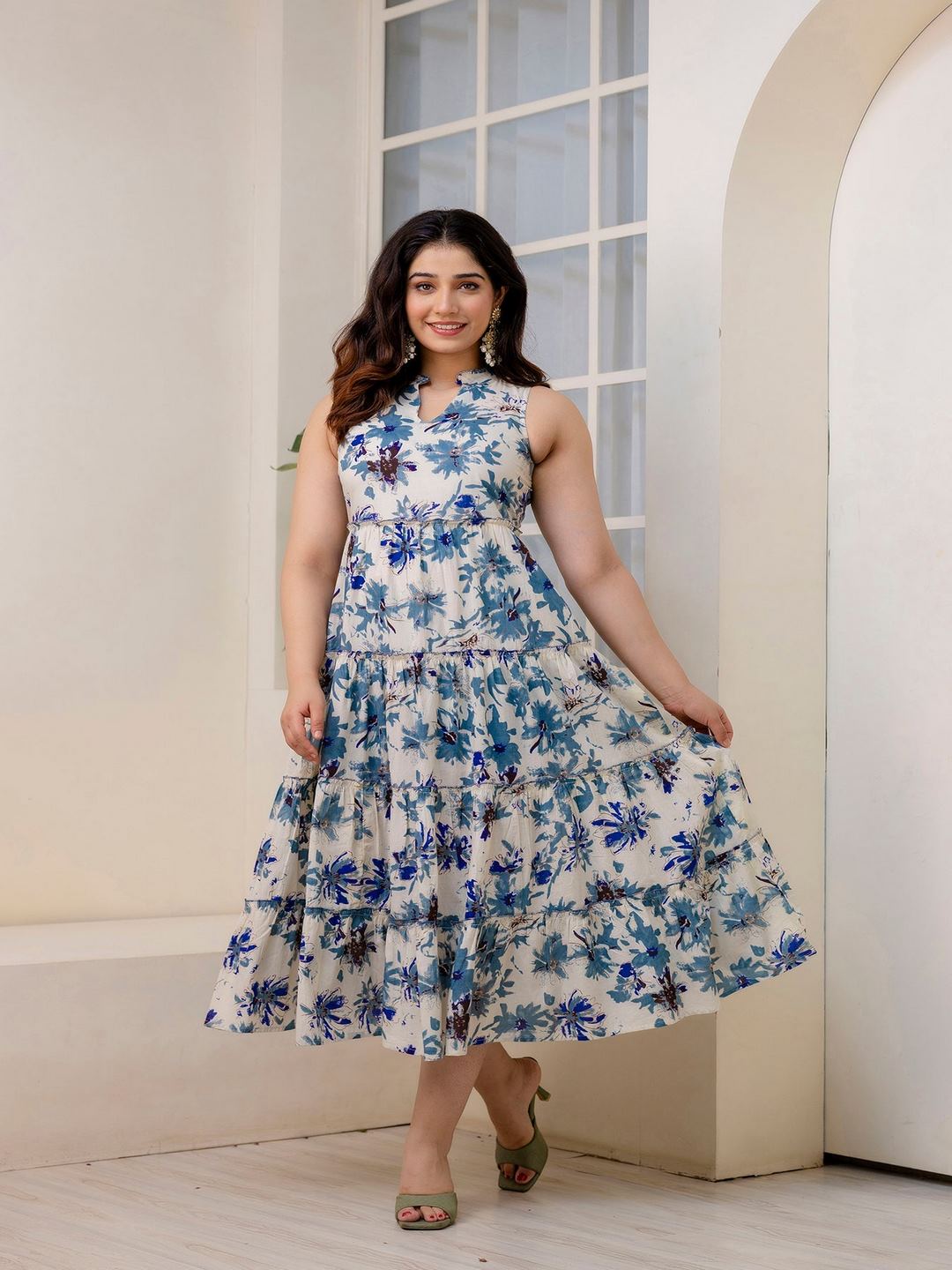 Off White Printed Sleeveless Flared Dress