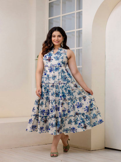 Off White Printed Sleeveless Flared Dress