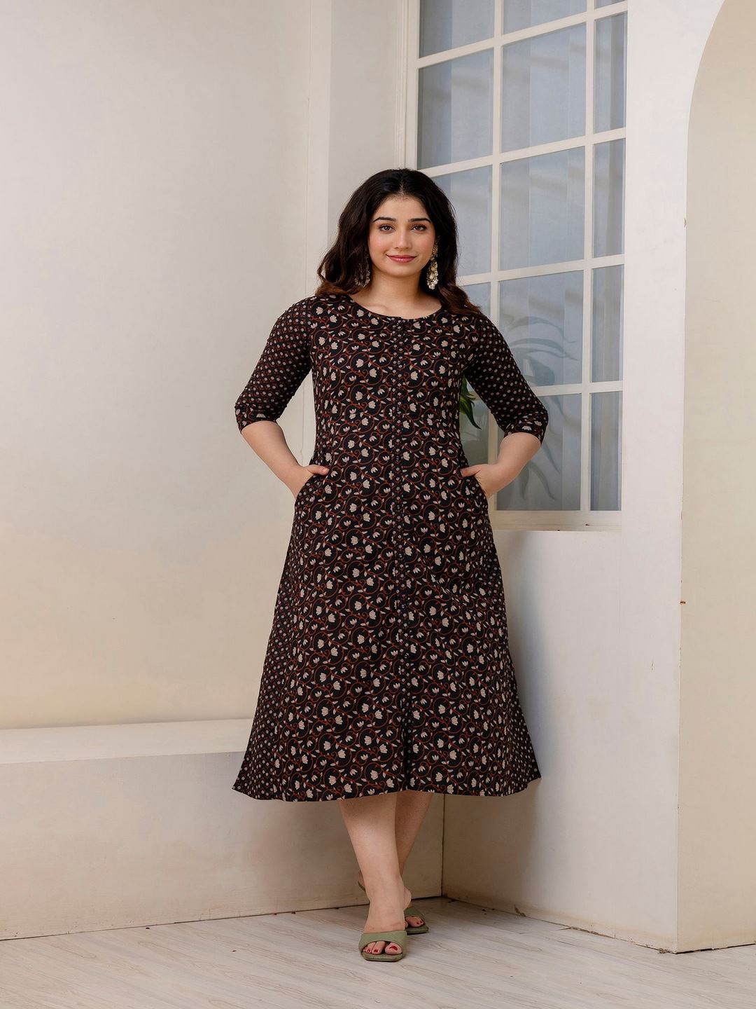 Black Ethnic Printed Flared Dress