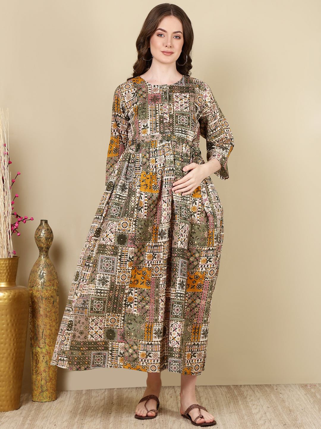Multi Printed Flared Maternity Dress
