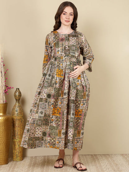 Multi Printed Flared Maternity Dress