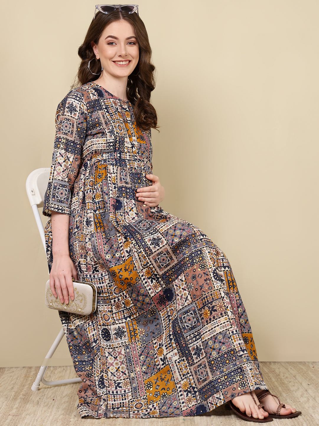 Multi Printed Flared Maternity Dress
