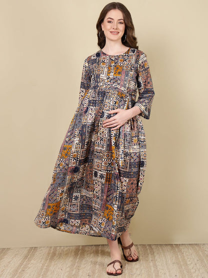 Multi Printed Flared Maternity Dress