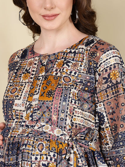 Multi Printed Flared Maternity Dress