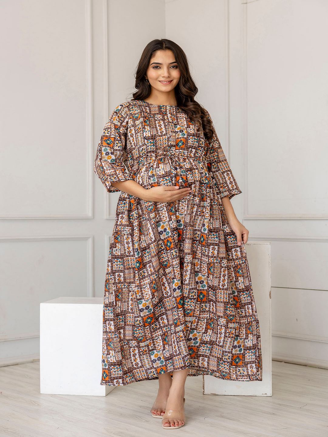 Multi Printed Flared Maternity Dress