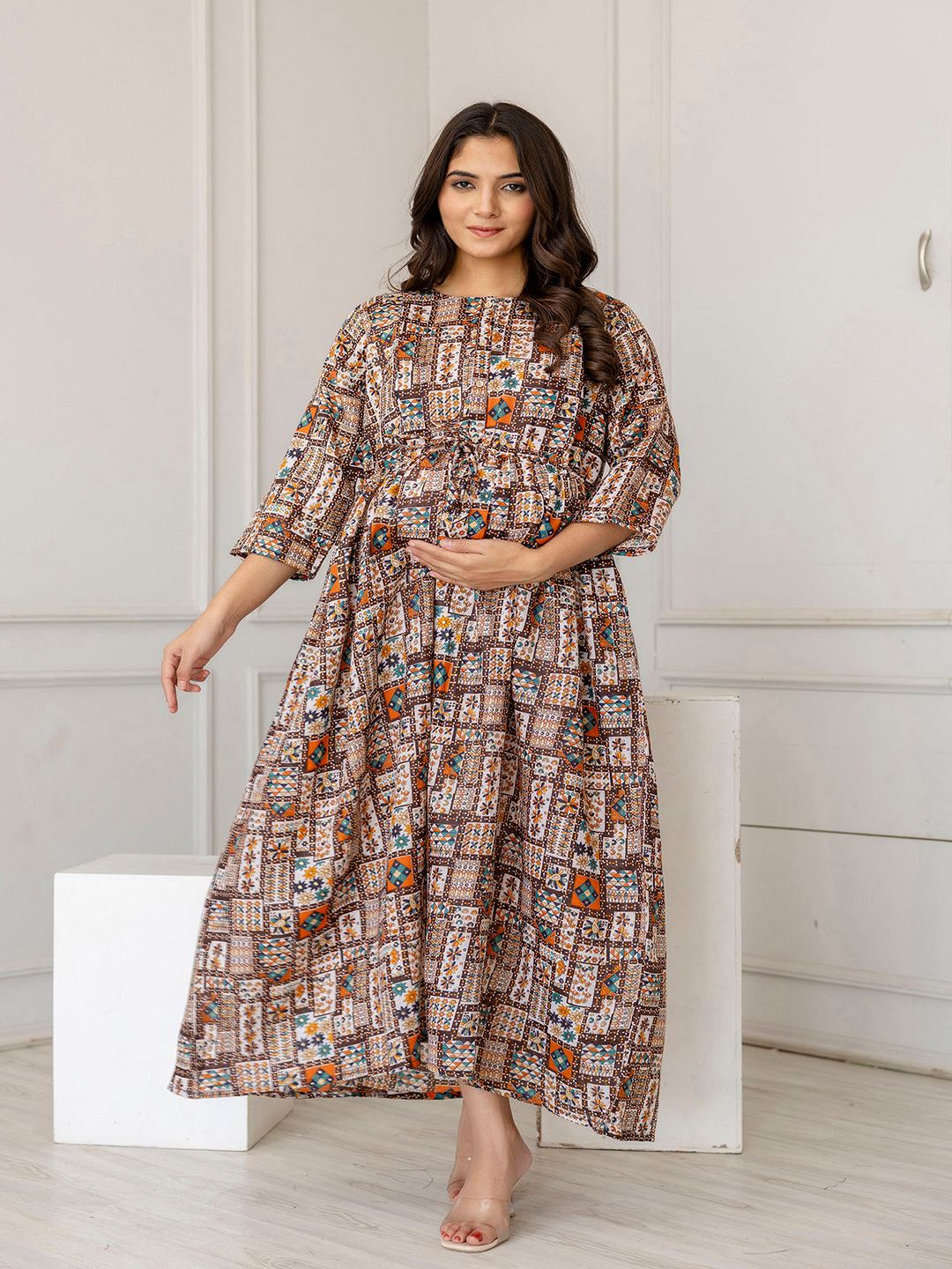 Multi Printed Flared Maternity Dress