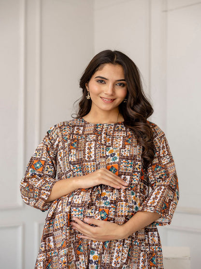 Multi Printed Flared Maternity Dress
