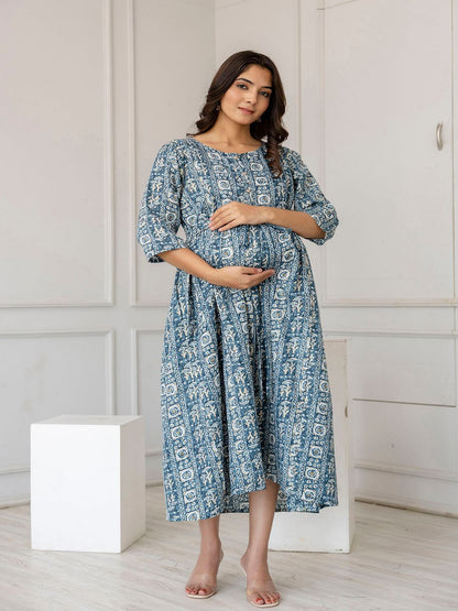 Teal Blue Printed Flared Maternity Dress