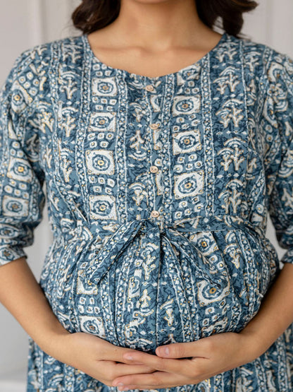 Teal Blue Printed Flared Maternity Dress
