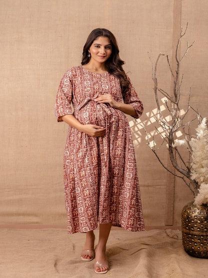 Brown Printed Flared Maternity Dress Trendphoria Brown Printed Flared Maternity Dress Trendphoria