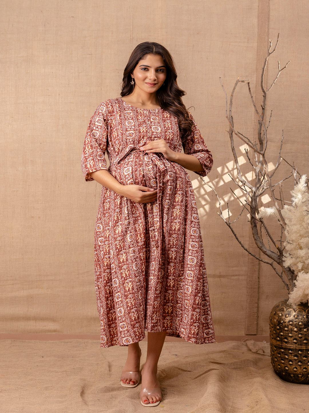 Brown Printed Flared Maternity Dress