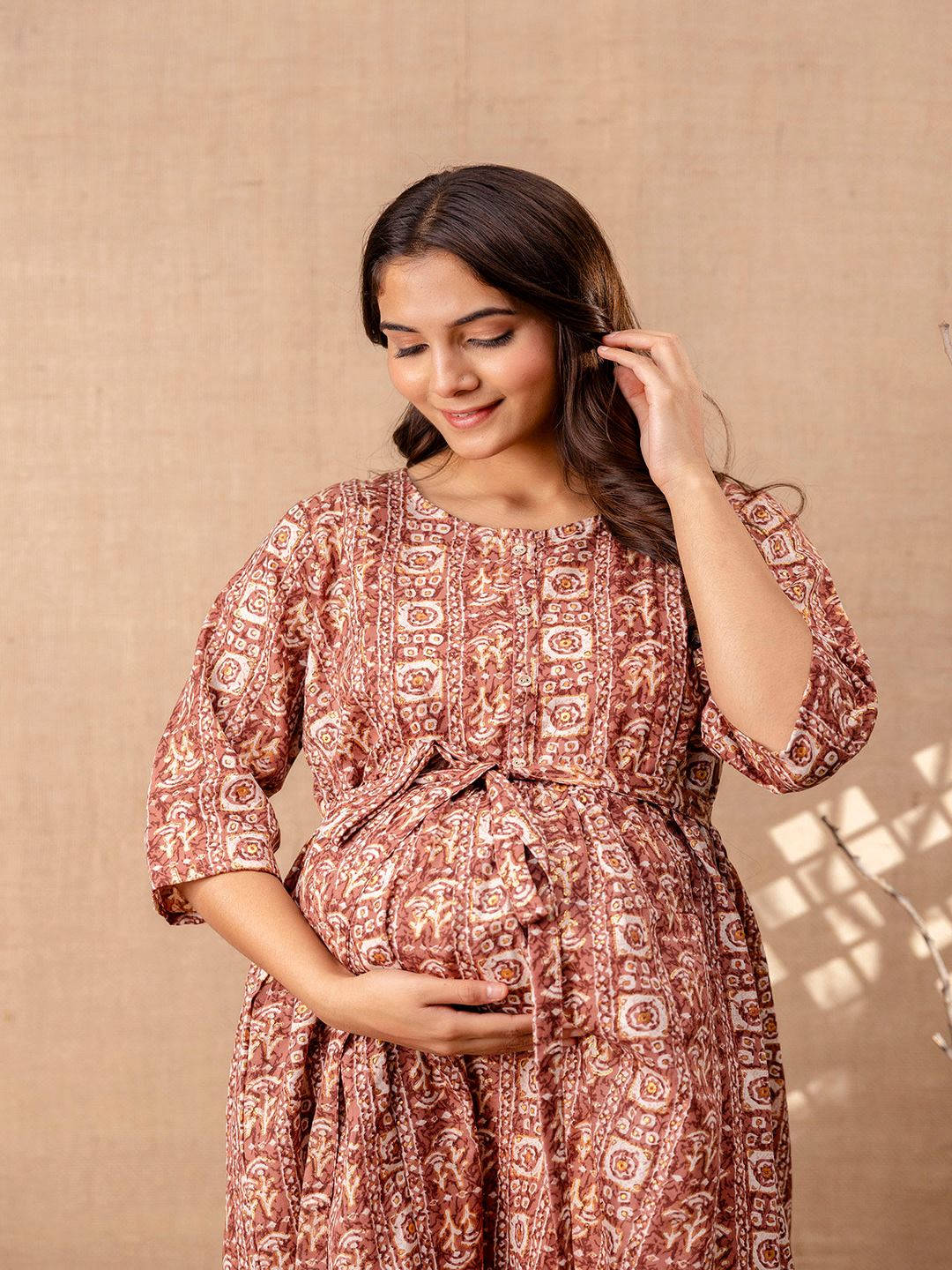 Brown Printed Flared Maternity Dress
