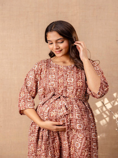 Brown Printed Flared Maternity Dress