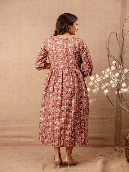 Brown Printed Flared Maternity Dress