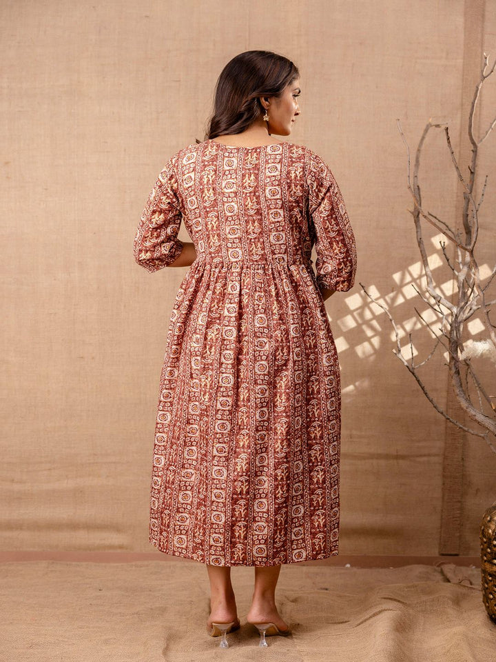 Brown Printed Flared Maternity Dress