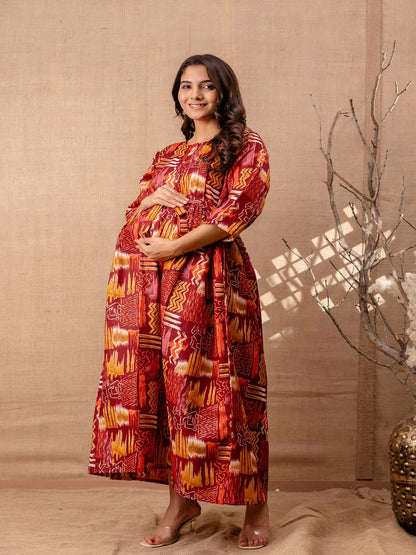 Maroon Printed Flared Maternity Dress